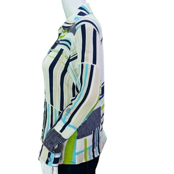 Chicos Womens Top Gauze Blue Green Mixed Stripe Roll Tab Sleeve Size 0 | S - Picture 5 of 12